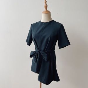 ZARA Dark Forest Green Crepe Asymmetrical Tie Waist Short Sleeve Top XSmall